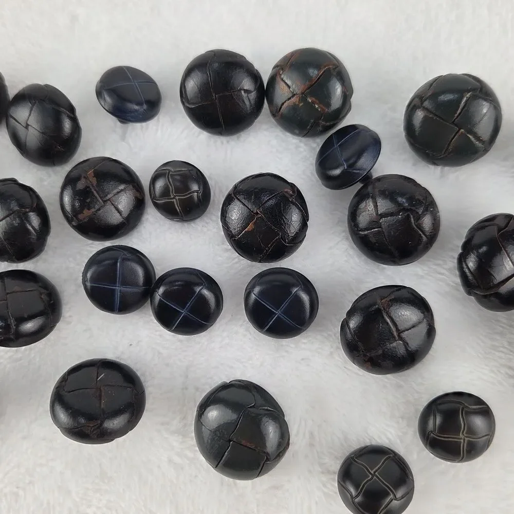 Vintage Plastic Shank Buttons Lot 29 Black Faux Leather Style